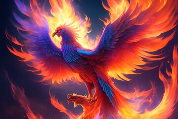 Resplendent Phoenix: Witness the awe-inspiring sight of a majestic phoenix soaring from vibrant...