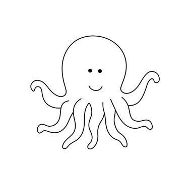 Vector isolated one single cute cartoon smiling octopus with tentacles colorless black and white contour line easy drawing