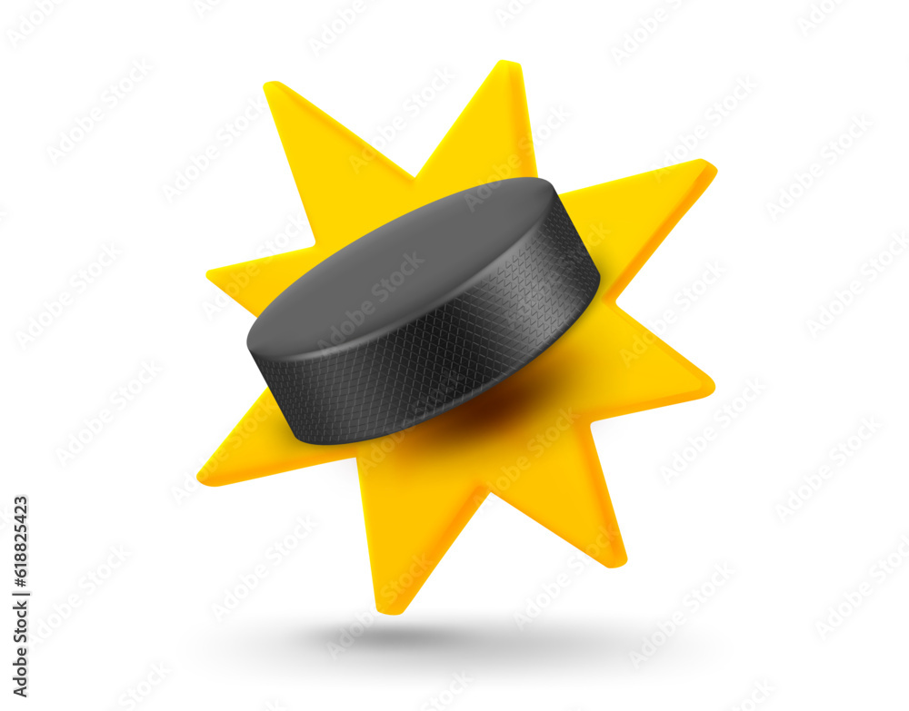 Fototapete Ice hockey puck with explosion effect. 3d vector mobile application icon with notification