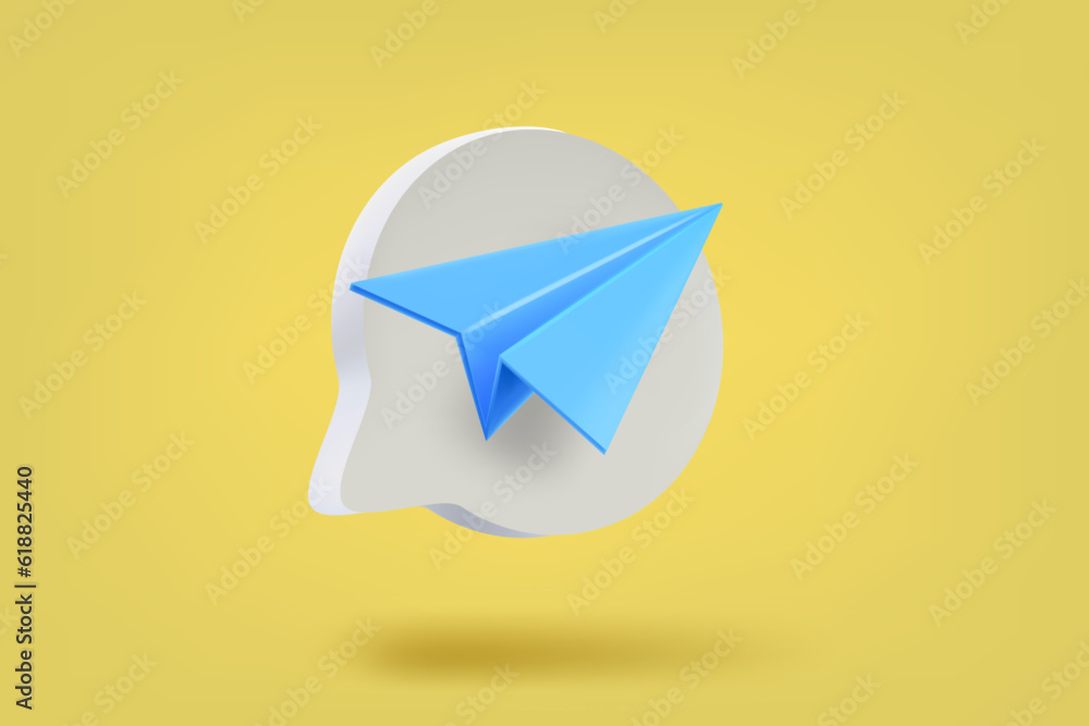 Poster speech bubble with blue airplane. send message concept. 3d vector illustration