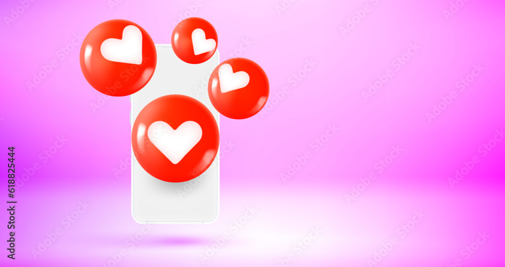 Poster man holding smartphone with hearts media icons. vector 3d banner with copy space