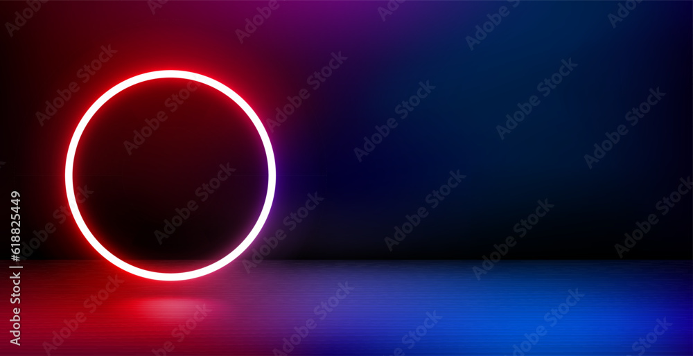 Poster Empty product showcase and shining neon circle. 3d vector banner with copy space