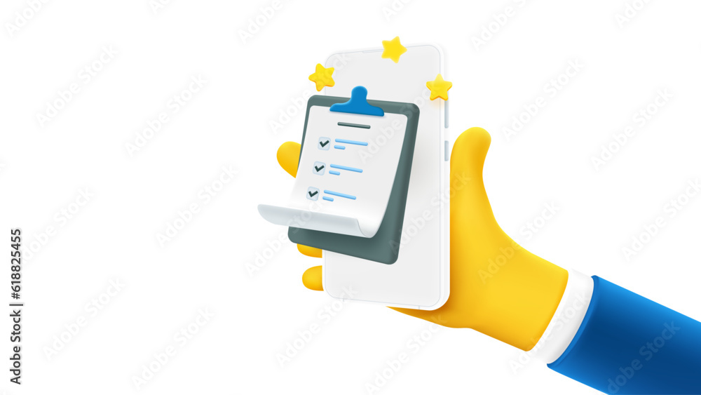 Aufkleber Man holding smartphone with paper bill on the screen. 3d vector banner with copy space