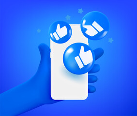 Cute comic hand with smartphone and thumbs up icons. 3d vector illustration