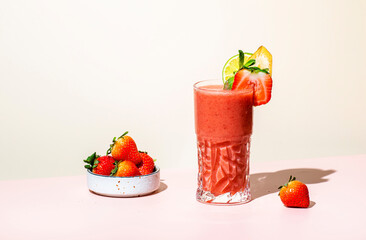 Summer non-alcoholic smoothie drink with strawberry, banana, syrup, peach juice, lemon and ice in highball glass. Beige pink background, hard light, shadow pattern