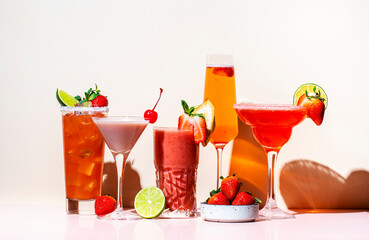 Strawberry cocktails set. Mocktails, smoothies and shakes with fruits and berries in glasses. Refreshing cold drinks and beverages. Beige pink background, hard light, shadow pattern