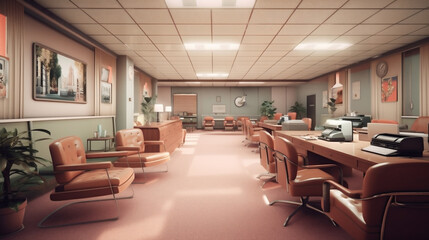 Office Space Work Area from the 1950s - American Business Environment with Vintage Desk and Old-Fashioned Office Supplies - A Peek into Professional History. Generative AI.