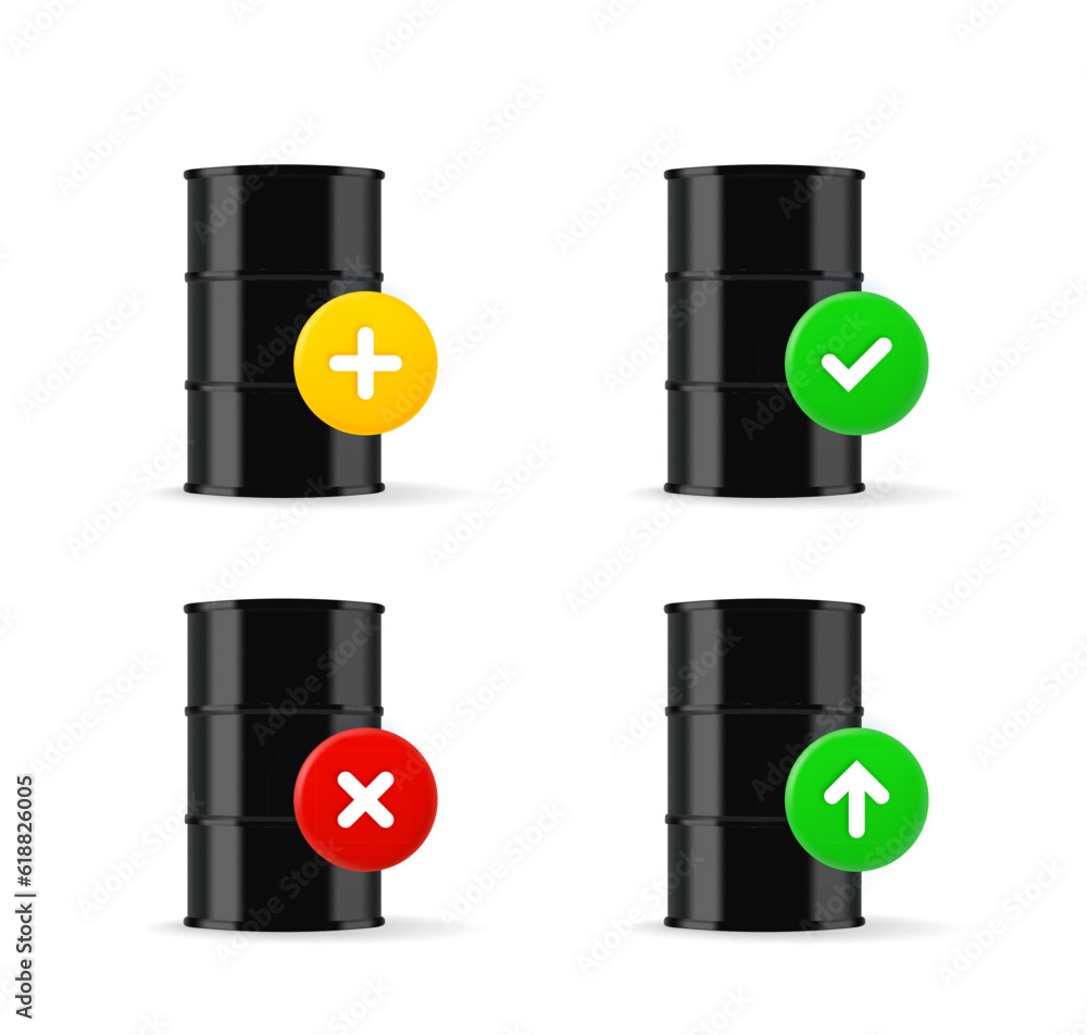 Poster black oil barrel icons set with different pictograms. 3d vector icons set