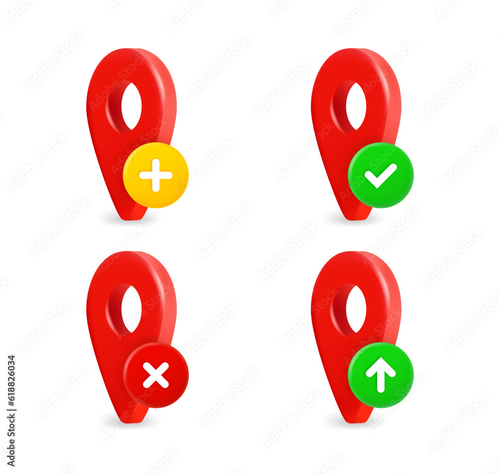 Poster Map pins icons set with different pictograms. 3d vector icons set isolated on white background