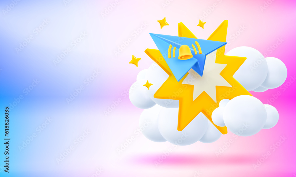 Poster Blue plane with star flash and ringing bell. 3d vector banner with copy space