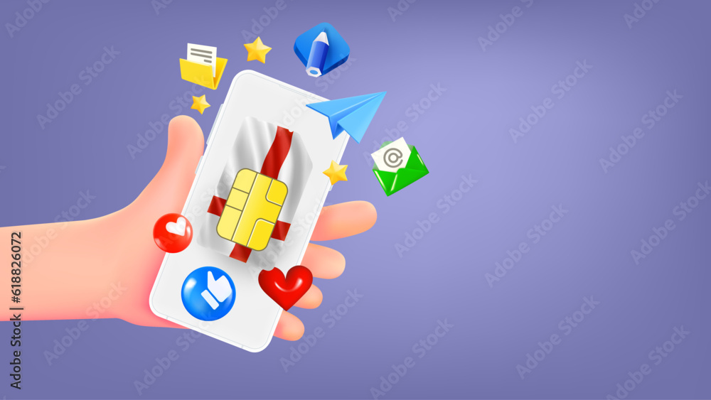 Aufkleber man holding smartphone with england mobile operator sim card and app icons. safety concept. 3d banne