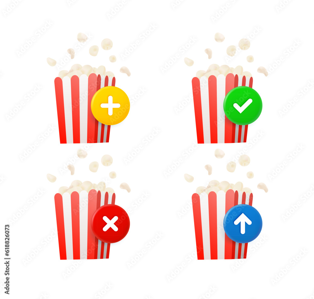 Poster Pop-corn icon set with different pictograms. 3d vector icons set