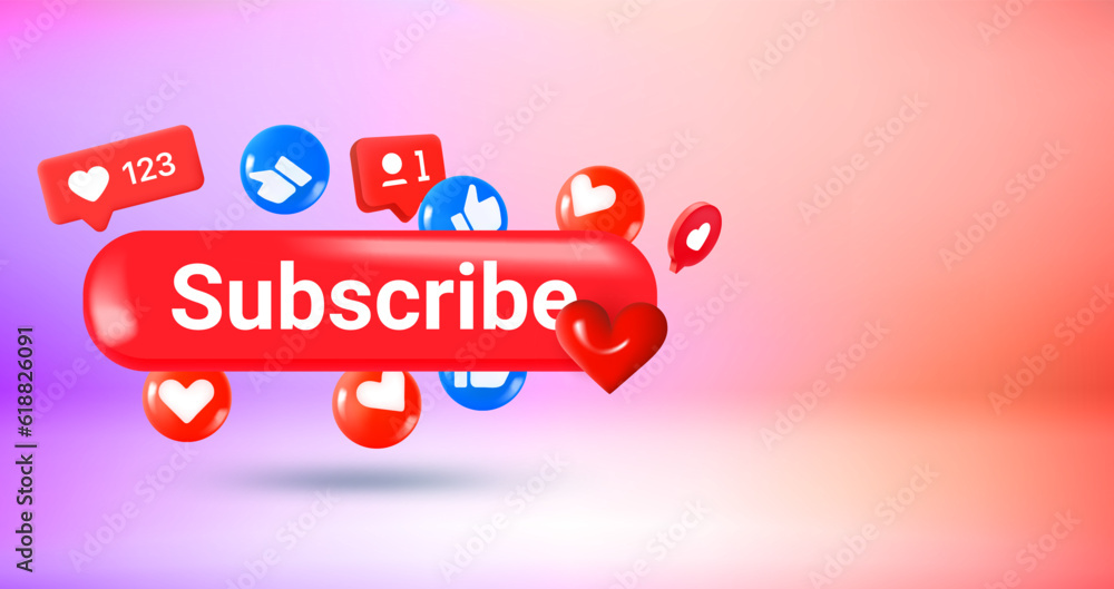 Poster Social media icons and Subscribe button. Vector 3d banner with copy space
