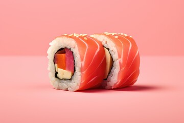 japanese sushi salmon uramaki sushi roll, with seeds ontop on pink background, food studio photography, japan cuisine, sashimi, nigiri, 