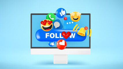 Modern computer with social media icons. 3d vector illustration