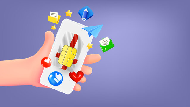 Man holding smartphone with England mobile operator SIM card and app icons. Safety concept. 3d banner with copy space