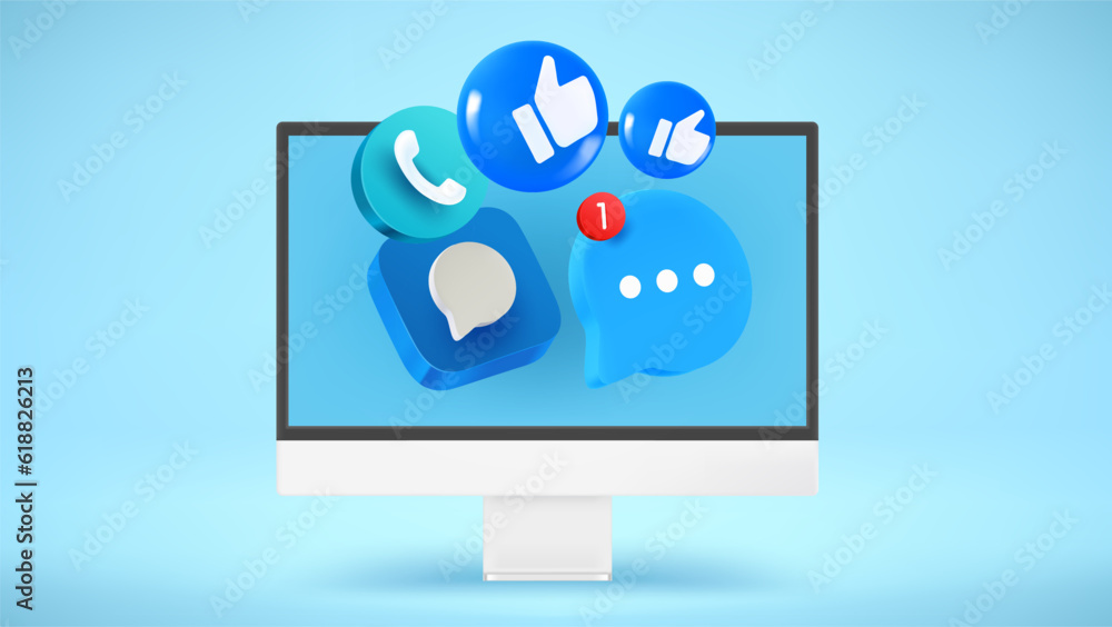 Poster modern computer with social media icons. 3d vector illustration