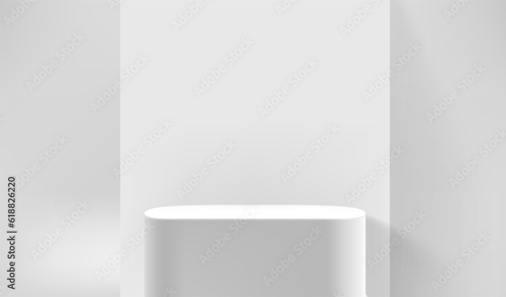 Poster Empty white showcase with whiie stand. 3d vector presentation mockup 