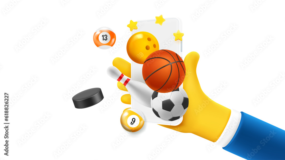 Poster Man holding smartphone with gambling application icons on the screen. 3d vector banner with copy space