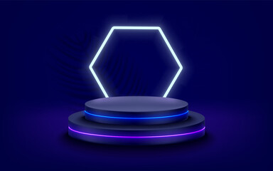 Dark violet room with glowing stage and neon lights