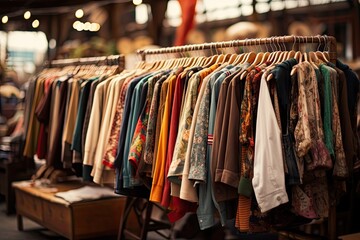 Fototapeta na wymiar Exploring Vintage Clothing Market: Fashionable Clothes on Display in a Flea Store. Generative AI