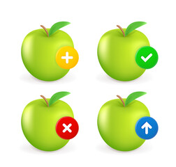 Green apple icon set with different pictograms. 3d vector icons set
