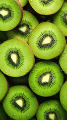 Sliced kiwi fruit background with water drops.