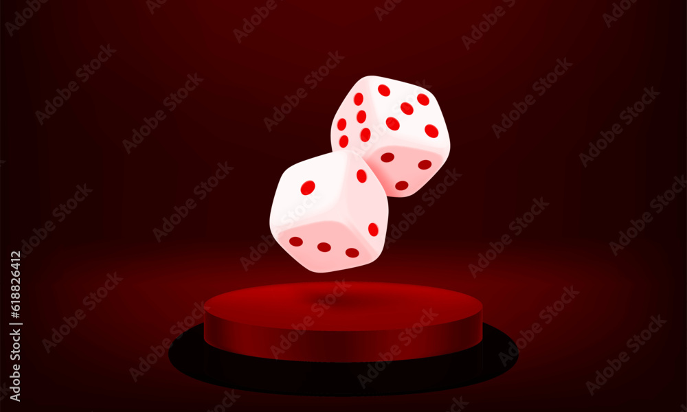 Aufkleber white dice on red background with podium. gamebling concept. 3d vector illustration