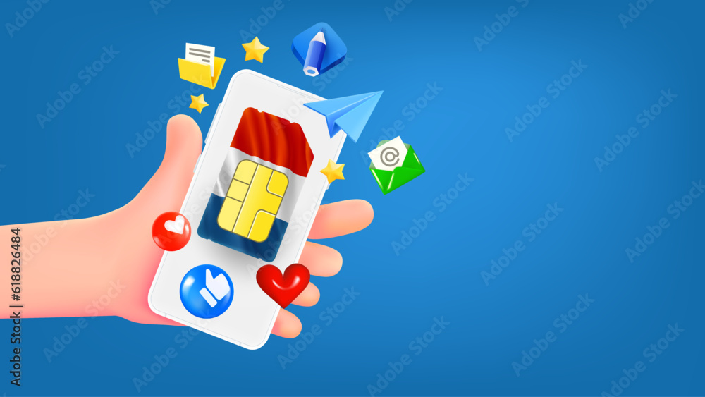 Poster man holding smartphone with france mobile operator sim card and app icons. safety concept. 3d banner