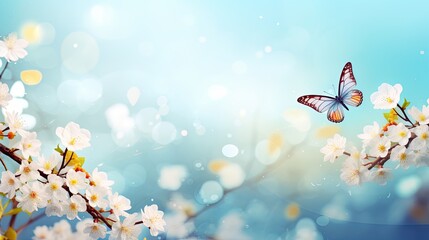 Fresh Nature Spring Abstract Background with Butterfly and Flower in May and April - Easter Sky Theme. Generative AI