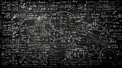 Formula Calculations on Blackboard. Abstract Background with Algebraic Equations and Calculus Concepts in Chalk Inscriptions: Generative AI - obrazy, fototapety, plakaty
