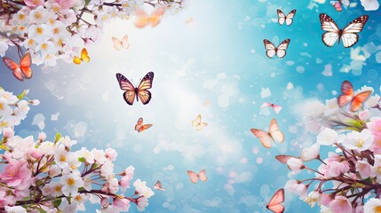 Fototapeta na wymiar Fresh and Colorful Abstract Spring Nature Background with Flowers, Butterflies, and Clear Blue Sky: Generative AI