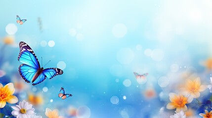 Fresh Spring Abstract Nature Background with Flowers, Butterfly and Sky - Perfect for April, May, and Easter. Generative AI