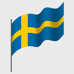 Waved Sweden flag. Swedish flag on flagpole. Vector emblem of Sweden