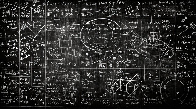 Formula Calculations on Blackboard. Abstract Background with Algebraic Equations and Calculus Concepts in Chalk Inscriptions: Generative AI