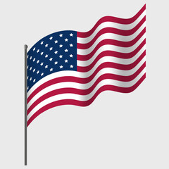 Waved USA flag. American flag on flagpole. Vector emblem of USA