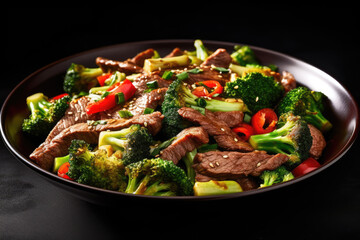 Stir fry of beef and broccoli in a bowl