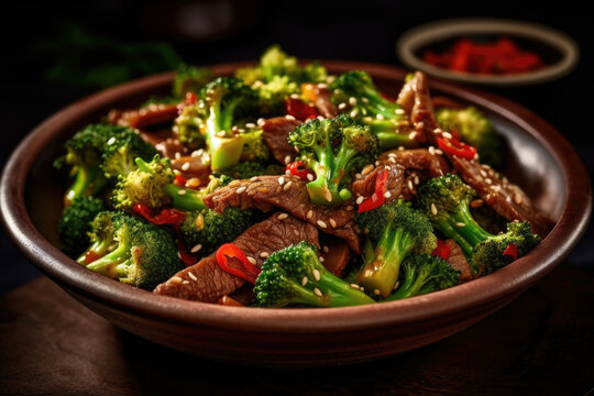 Stir fry of beef and broccoli in a bowl