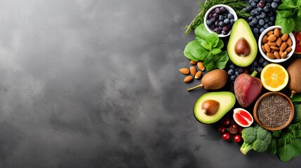 Obraz na płótnie Canvas Healthy Eating: A Selection of Fresh Fruits, Leafy Vegetables, and Superfoods with Antioxidant Properties on Gray Concrete Background: Generative AI