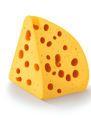 Fototapeta premium piece of yellow porous cheese food with holes - on white background illustration. Triangular piece of cheese. Dairy product Realistic.