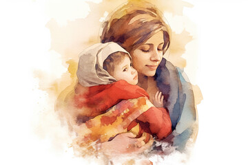 Watercolor illustration of mother and son - obrazy, fototapety, plakaty