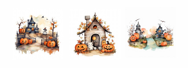 Halloween scenes illustration set generative ai