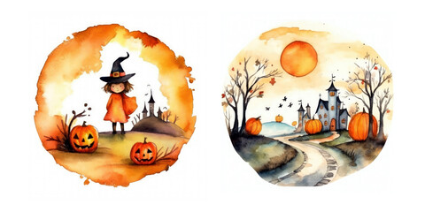 Halloween scenes illustration set generative ai