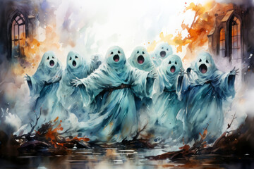 Singing ghosts halloween isolated watercolor generative ai