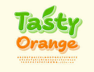 Fototapeta premium Vector creative Emblem Tasty Orange. Funny glossy Font. Handwritten Alphabet Letters and Numbers set