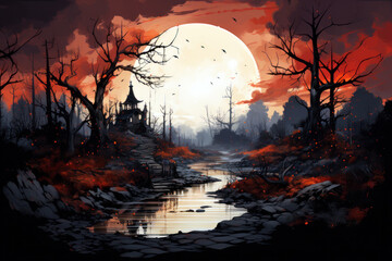 Halloween landscape with moon