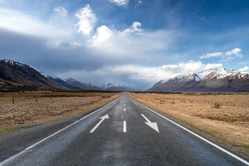 Scenic view along the Mount Cook Road alongside with snow capped Southern Alps basking in the late...