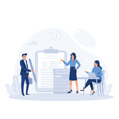 People and clipboard with financial document, calculator and pen. financial management concepts, flat vector modern illustration