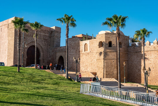 Ancient wall and main gate of the famous Kasbah of the Udayas in downtown Rabat in Morocco
