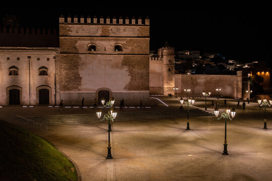 Illuminated Kasbah of the Oudayas in the center of Rabat in Morocco